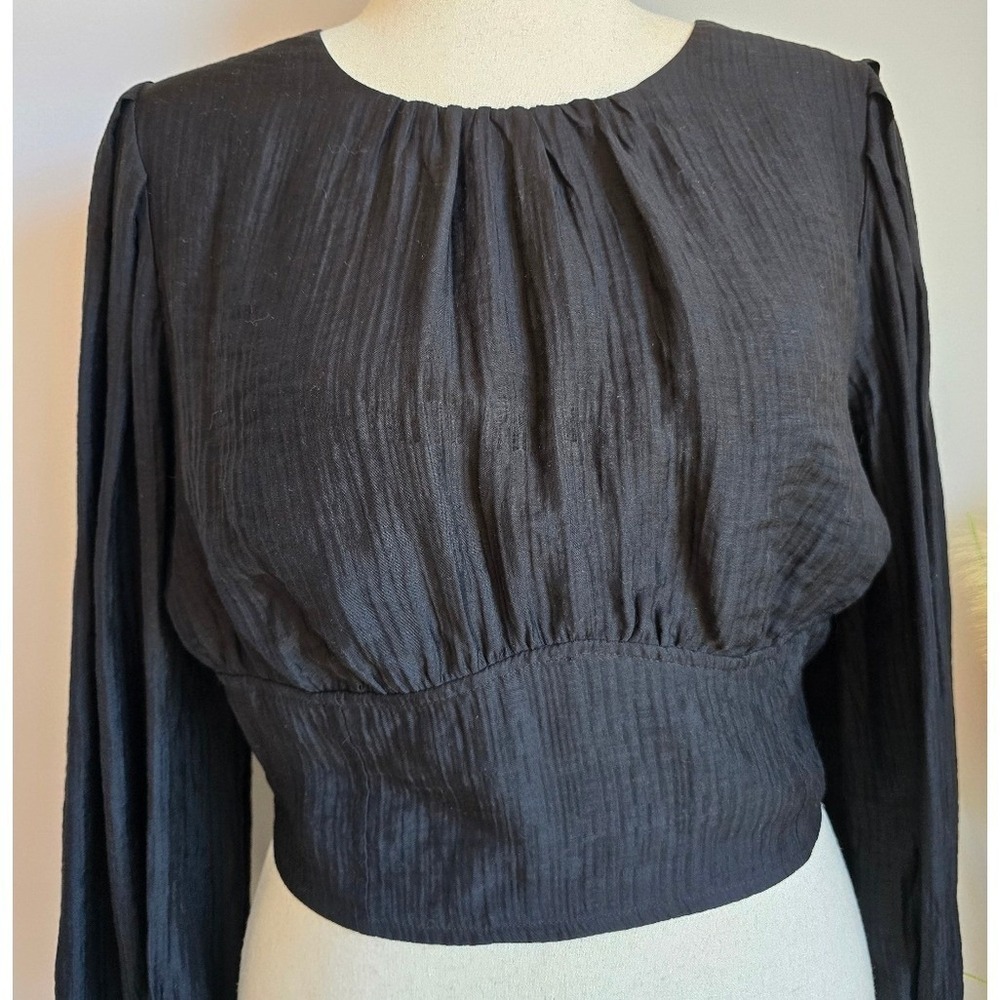 Anthropologie NWT Current Air Black Sequin Back Blouson Sleeve Top SZ Large Glam - Picture 6 of 13